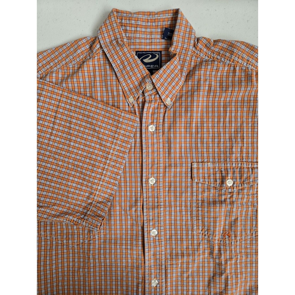 Roper Men's XL Orange‎ Blue Yellow Mini Plaid Check Short Sleeve Button Down